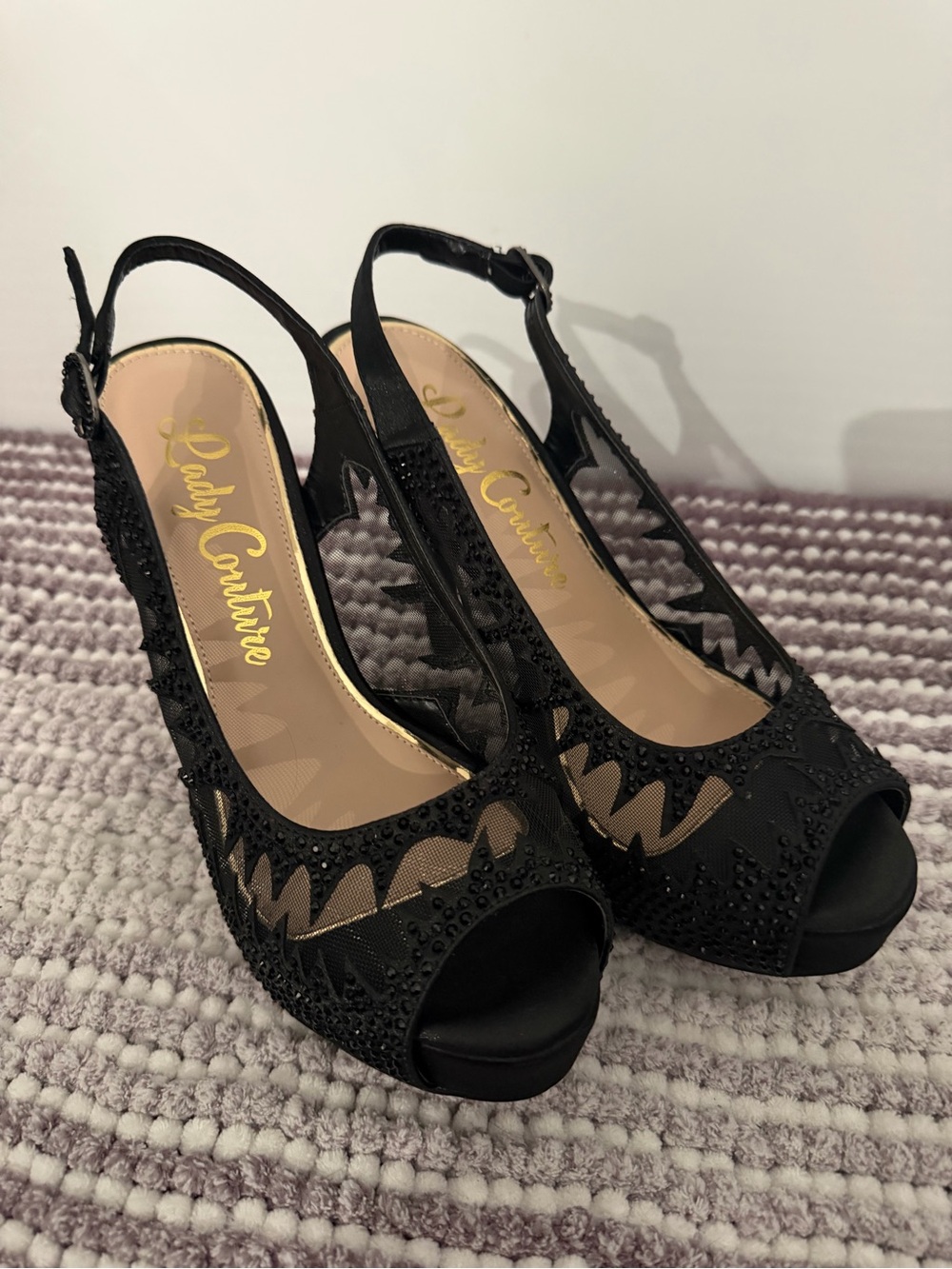 Lady Couture Black Beaded Peep-Toe Slingback Heels